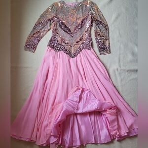 Vintage Oleg Cassini Beaded Gown Long Sleeve Silver Pink Silk Maxi Dress Size 8